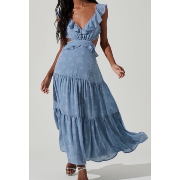 ASTR the Label Dresses & Skirts - ASTR The Label Maxi Dress Sz Small Dusty Blue‎ Ruffle Cutout Floral Formal Party